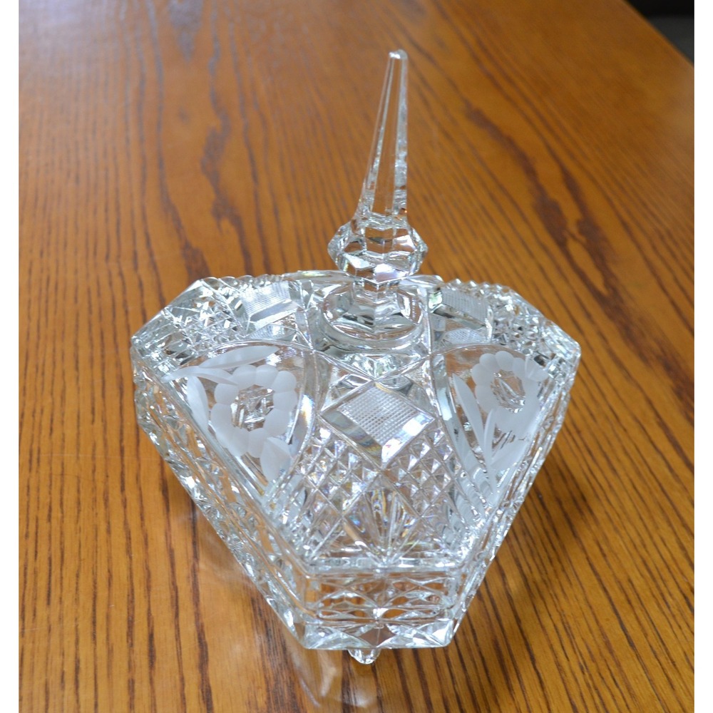 Vtg Imperlux Candy Dish Clear Cut Lead Crystal Footed w/ Lid Etched Glass NICE